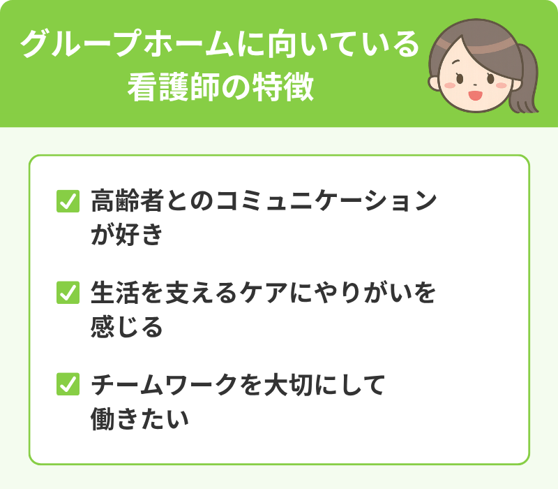 グループホームに向いている看護師の特徴を伝えるインフォグラフィック。上部にグリーンのタイトルラベル「グループホームに向いている看護師の特徴」と、笑顔の女性看護師のイラスト。以下の3つの特徴がリストされている。1.高齢者とのコミュニケーションが好き、2.生活を支えるケアにやりがいを感じる、3. チームワークを大切にして働きたい。