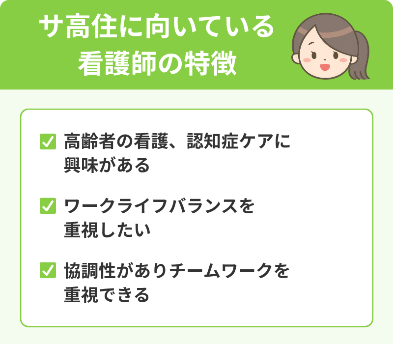 サ高住に向いている看護師の特徴を伝えるインフォグラフィック。上部にグリーンのタイトルラベル「サ高住に向いている看護師の特徴」と、笑顔の女性看護師のイラスト。以下の3つの特徴がリストされている。1.高齢者の看護、認知症ケアに興味がある、2.ワークライフバランスを重視したい、3. 協調性がありチームワークを重視できる。