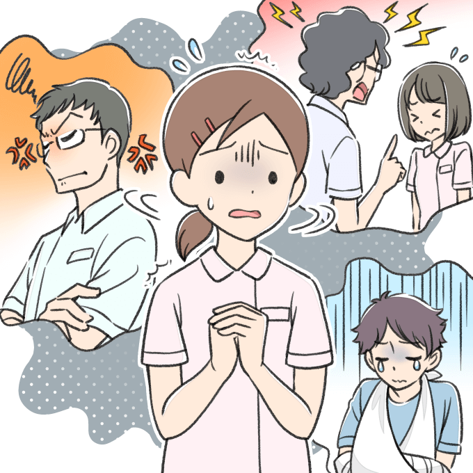 周囲の態度や会話に敏感に反応して疲弊している看護師のイラスト