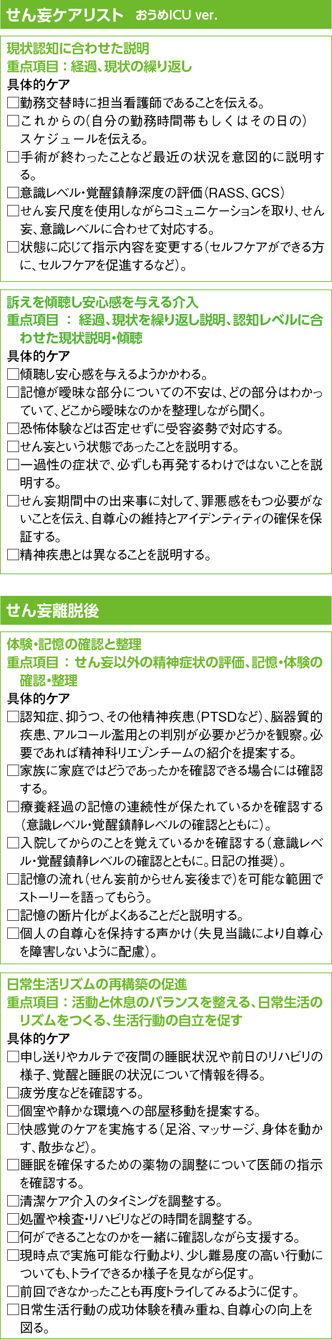 せん妄ケアリスト(せん妄離脱後)