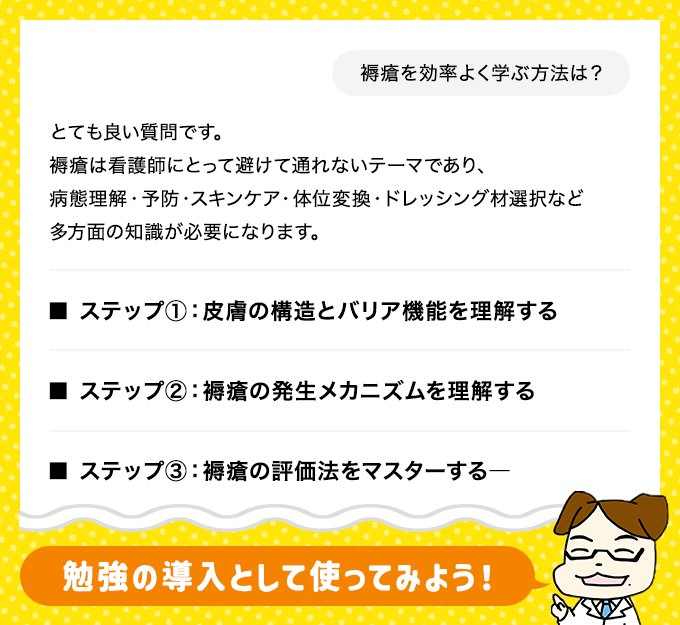 「褥瘡を効率よく学ぶ方法は?」とChatGPTに質問した際の回答例を示した図表。おーつか先生が「勉強の導入として使ってみよう」とアドバイス。