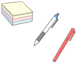 文房具（ふせん、ルーズリーフ、青ペン、赤ペン）のイラスト