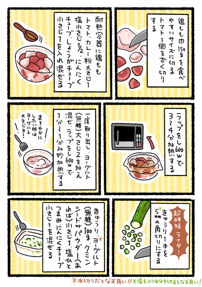 鶏肉とトマト、カレー粉などを耐熱容器でレンジ加熱。きゅうりとヨーグルトを混ぜ合わせたライタの作り方も紹介します。