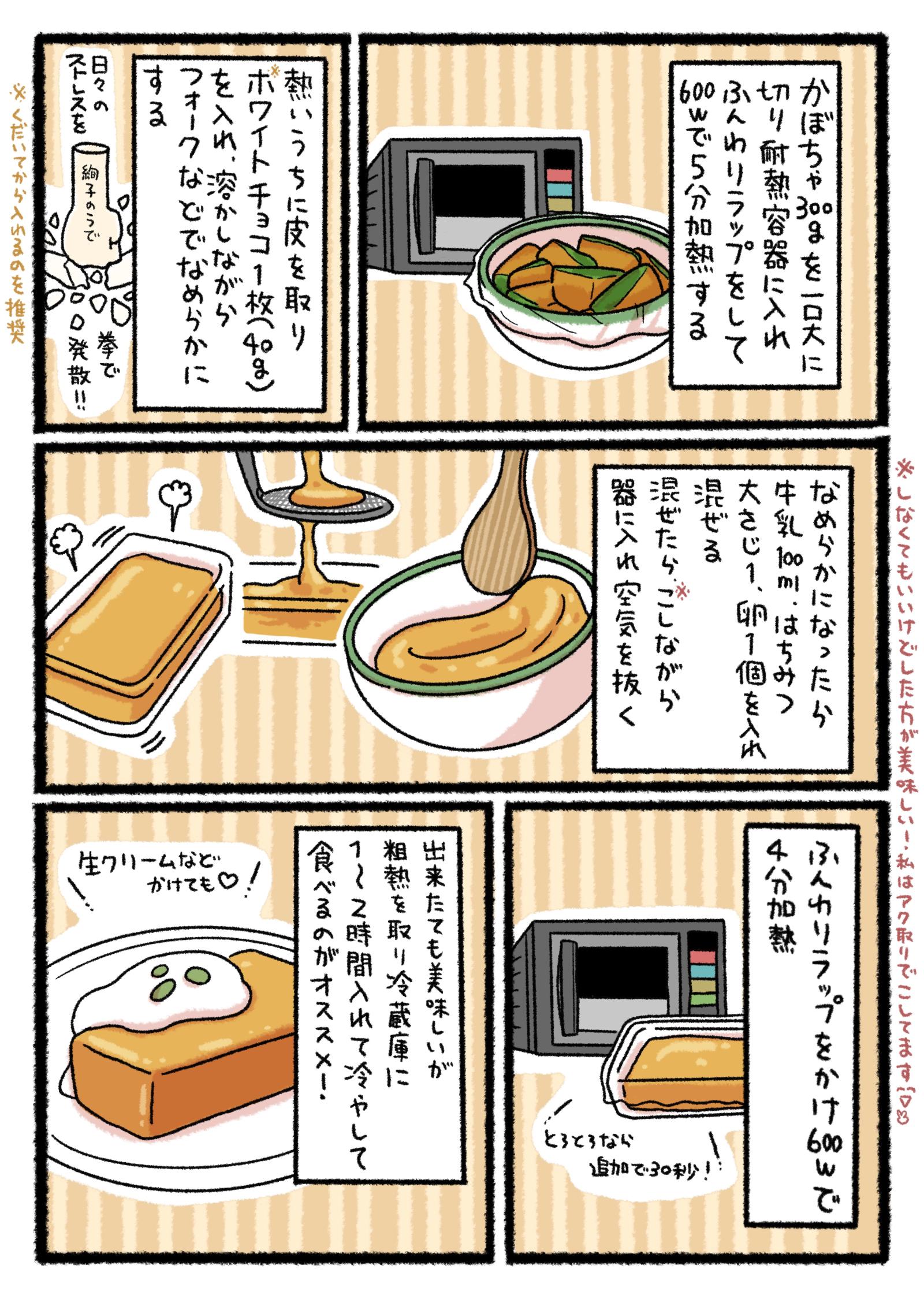 かぼちゃをレンジで加熱して潰し、ホワイトチョコや牛乳、卵と混ぜ合わせて型に入れ、再びレンジで加熱します。