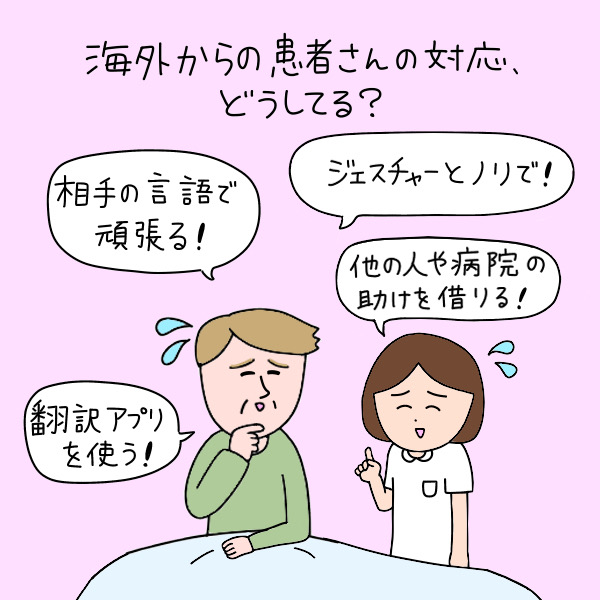 海外から患者さんの対応、どうしてる？翻訳アプリを使う・ジェスチャーとノリで・相手の言語で頑張る・他の人や病院の助けを借りる