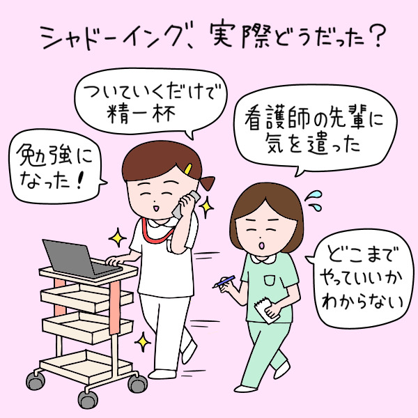 シャドーイング、実際どうだった？ついていくだけで精一杯、どこまでやっていいかわからない、看護師に気を遣った、勉強になった！