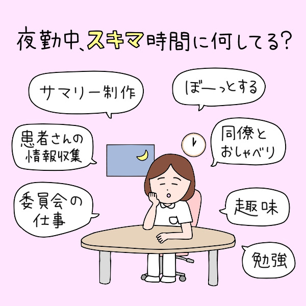 夜勤中、スキマ時間に何してる？サマリー制作・ぼーっとする・同僚とおしゃべり・患者さんの情報収集・委員会の仕事・趣味・勉強