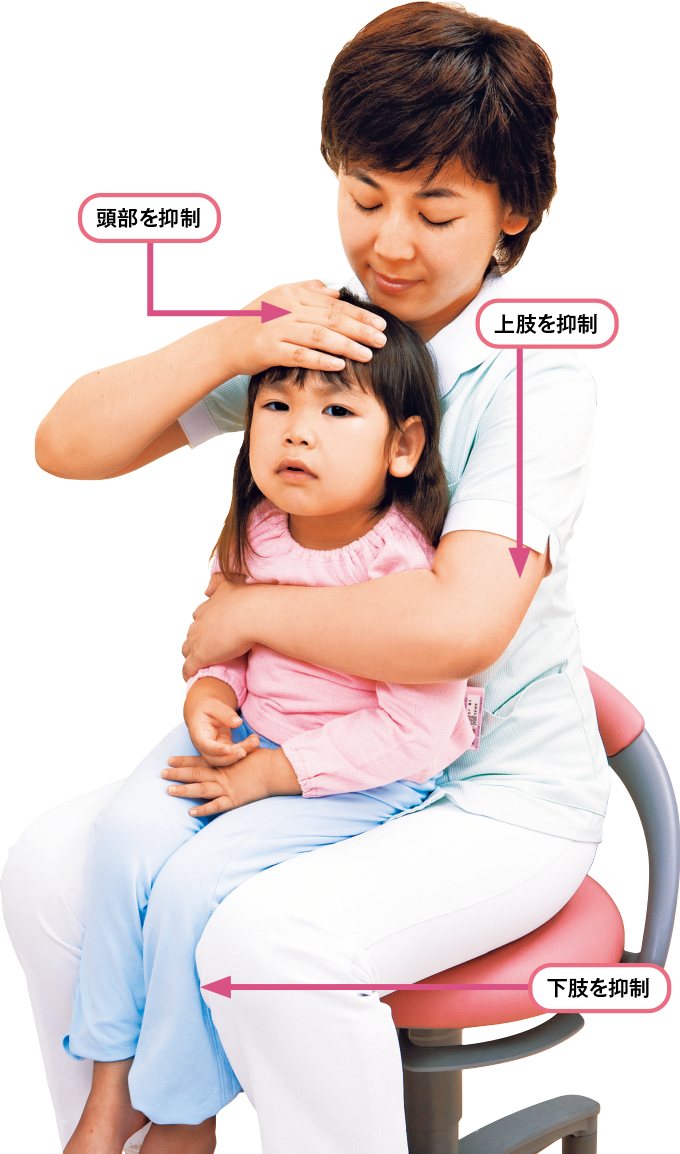 介助者は患児の頭部・両腕を固定する（抑制法）