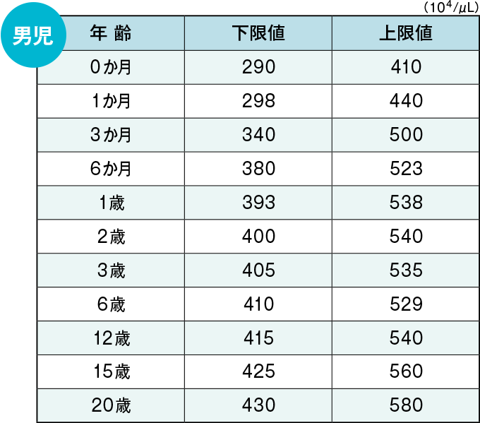 男児の赤血球数（RBC）の血液所見正常値