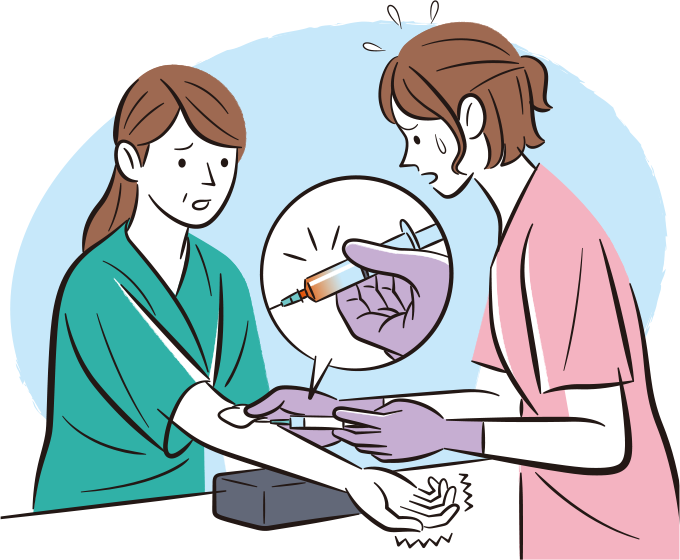 看護師が患者の前腕に静脈注射をしたら、指先の痺れを訴えてきた様子のイラスト
