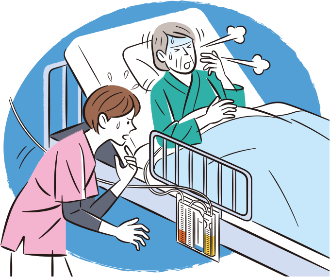 患者が自然気胸で胸腔ドレーンを挿入し、持続吸引を開始した30分後、SpO2が低下し呼吸困難が出現してしまい、焦っている看護師のイラスト