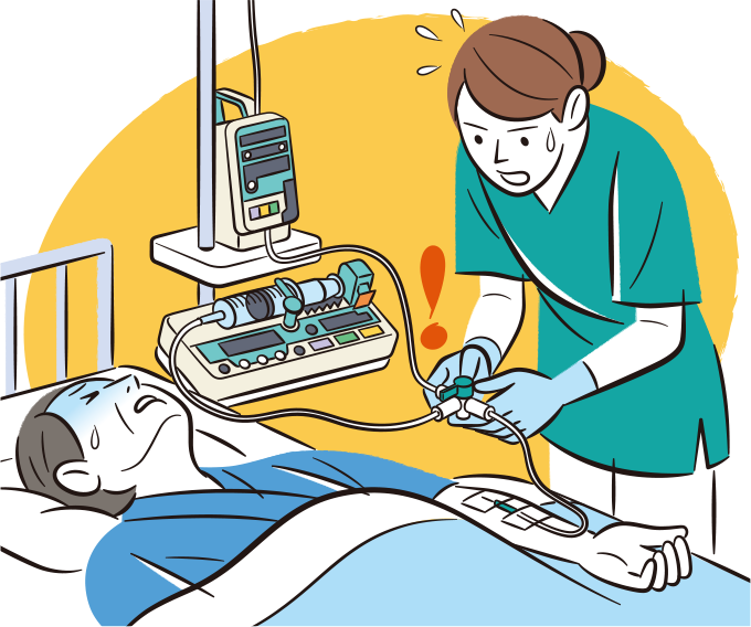 三方活栓の向きが異なり、患者にカテコラミンが投与されなかったため看護師が焦っているイラスト