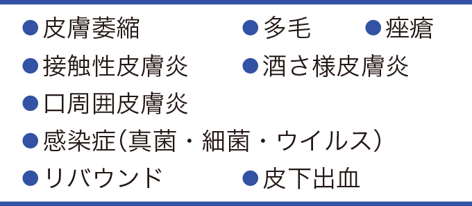 副腎皮質ステロイド外用薬の主な局所性の副作用を表した表