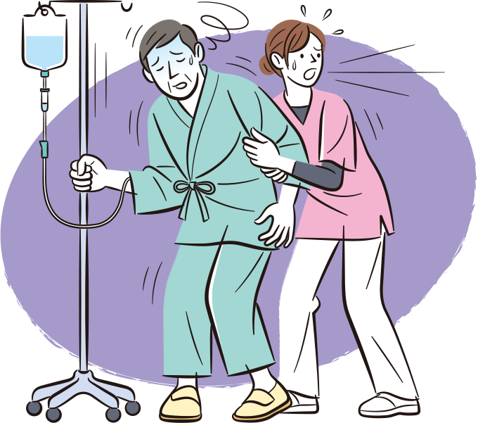 患者が術後の初回離床のとき、立位直後に、めまいを訴え顔面蒼白になり焦っている看護師のイラスト