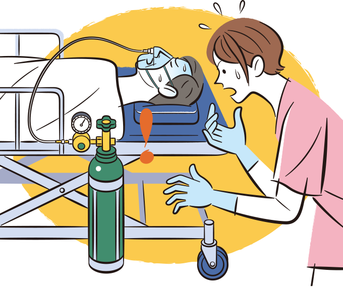 患者が手術室から病室へ戻る際、吸入用の酸素ボンベの残量が少なく、手術室のボンベを使ったら液化炭酸ガスのボンベで焦っている看護師のイラスト
