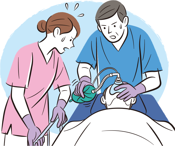 人工呼吸器装着中の患者が、搬送途中に酸素ボンベが空になってしまい焦っている医療スタッフたちのイラスト