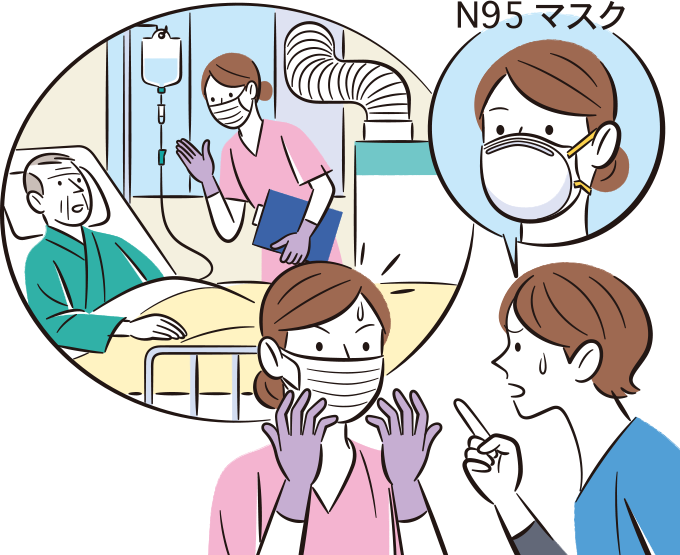 結核疑いの患者さんの部屋にN95マスクでなく、サージカルマスクを装着して入室してしまったことに気づいて焦っている看護師のイラスト