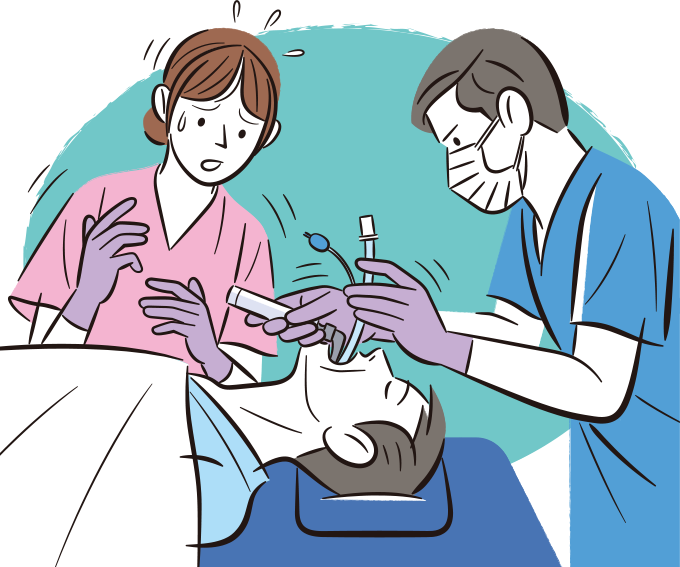 患者の食道への誤挿入が疑われ焦っている医療スタッフたちのイラスト
