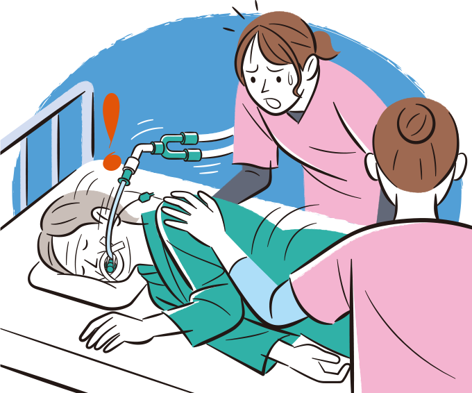 患者の体位調整したら気管（挿管）チューブが抜けてしまい焦っている看護師のイラスト