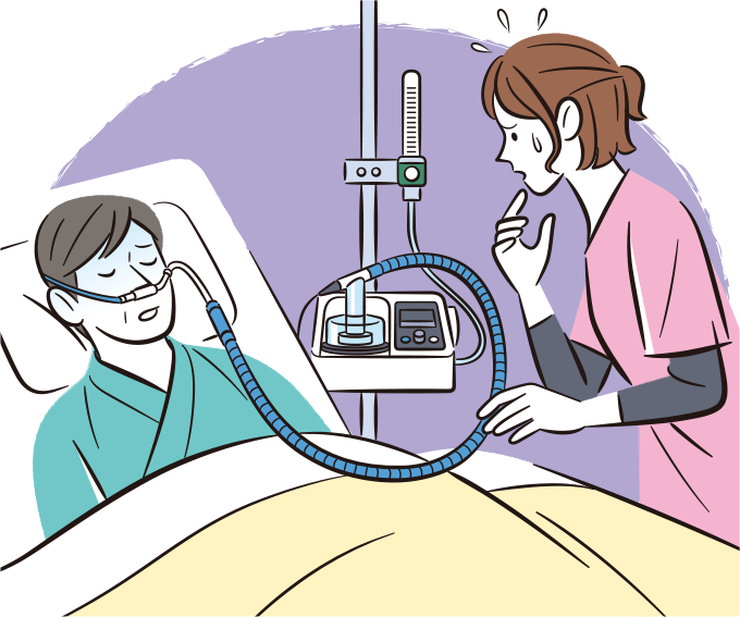 高流量酸素療法中（ハイフローセラピー）の患者さんのSpO2が低下したため酸素流量を上げたが改善せず焦っている看護師のイラスト