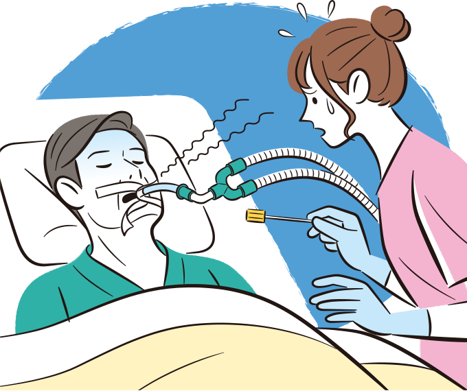 患者の気管チューブの移動によるチューブ位置異常に焦っている看護師のイラスト