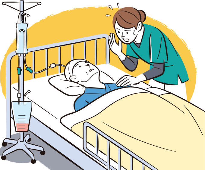 患者の脳室ドレーンのクランプを開放しておらず焦っている看護師のイラスト
