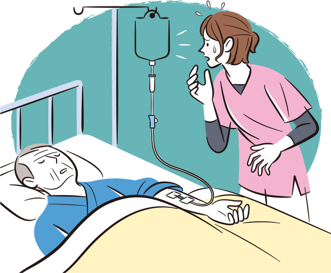 患者に細胞外液80mL/hで持続点滴する予定だったが、15分で急速投与してしまったことに焦っている看護師のイラスト