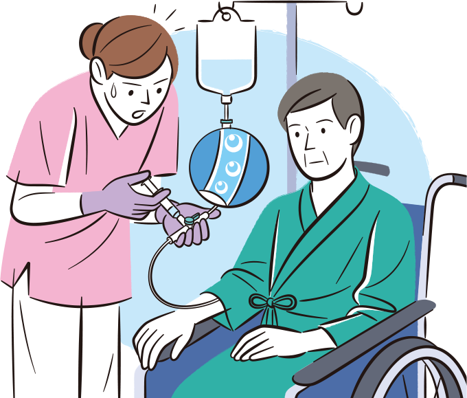 患者にCVライン挿入中、側管から点滴を接続しようと三方活栓をオープンにしたら、ライン内に空気が吸い込まれたことに焦っている看護師のイラスト