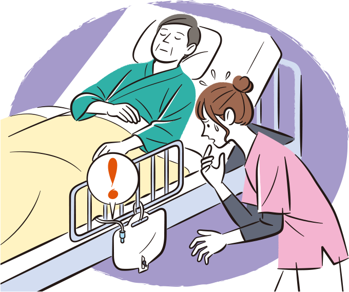 患者に膀胱留置カテーテルの挿入時には抵抗がなかったが、尿が流出せずどう対処すればよいかわからず焦っている看護師のイラスト