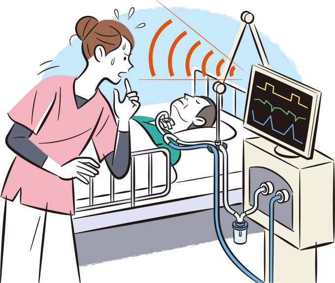 患者の気管カニューレが皮下迷入した際、どう対応すればいいかわからなくて迷っている看護師のイラスト