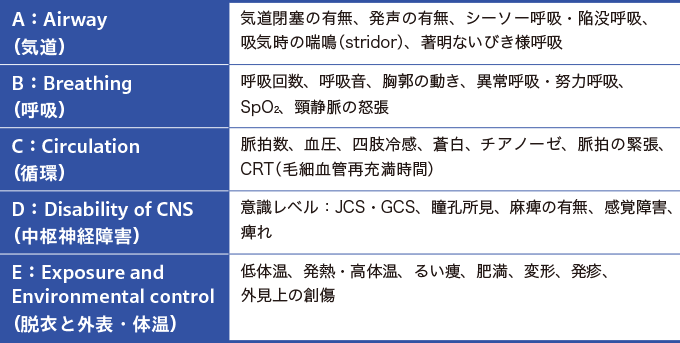 ABCDEアプローチにおける観察項目を表した表