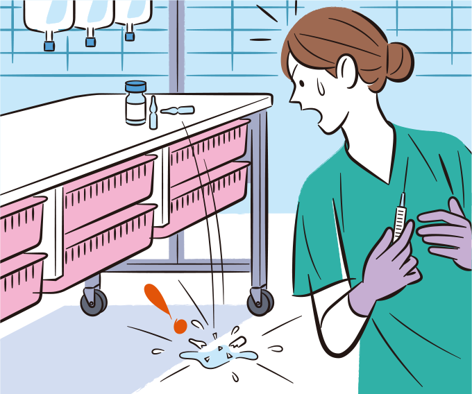 麻薬のアンプルを破損してしまい、薬液をこぼして焦っている看護師のイラスト