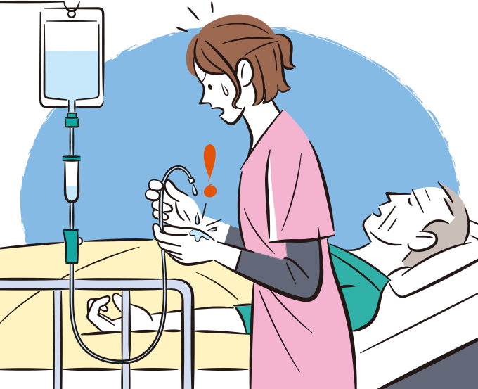 患者に抗がん剤投与時、点滴ラインを満たす際に抗がん剤が看護師の手にこぼれたが、手袋を装着していなかった焦っている看護師のイラスト