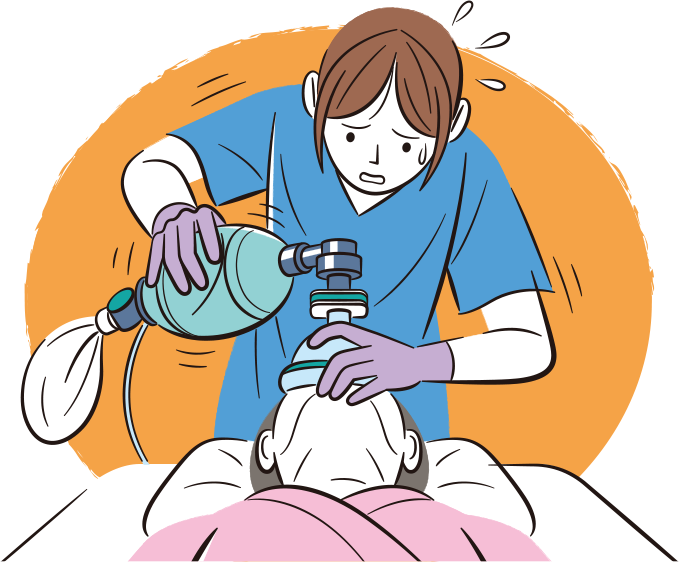 酸素チューブがバッグバルブマスク（BVM）に接続されていないことに気づかず、焦っている看護師のイラスト