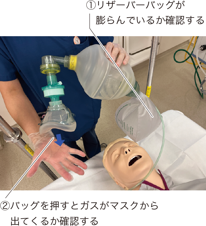 膨張したリザーバーバッグではマスクに手を当ててガス排出を確認する様子の写真