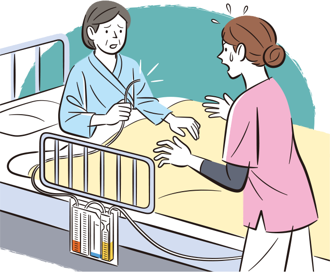 患者が胸腔ドレーンを自己抜去してしまい焦っている看護師のイラスト