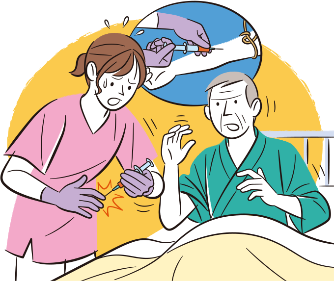 患者から採血した針を自分の指に刺してしまった焦っている看護師のイラスト
