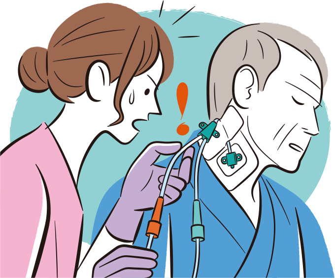 高カロリー輸液の側管より、患者に抗菌薬ゾビラックスをつなげ投与したら、点滴ライン内で結晶ができてしまい焦っている看護師のイラスト