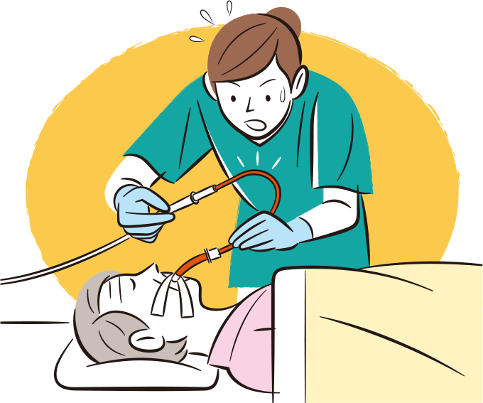 気管挿管患者の痰が固く、看護師が吸引圧を上げて実施したところ出血してしまった様子のイラスト