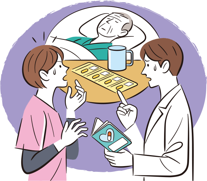 別の疾患のために転院してきたリウマチ患者に、持参薬のメトトレキサートを連日投与してしまったことに焦っている看護師のイラスト