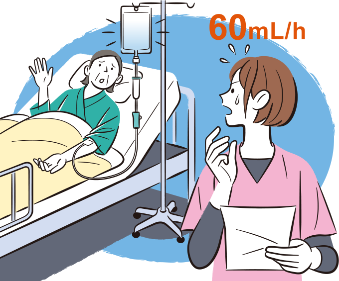 患者の検査後、点滴を60→120mL/hへ口頭指示を受け実施。翌日も点滴速度はそのままにしたが、実は翌日の点滴指示は60mL/hとなっていたことに焦っている看護師のイラスト
