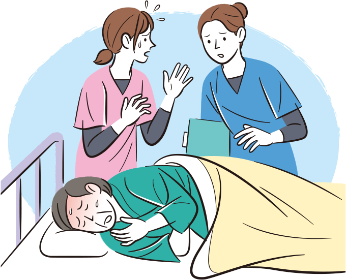 患者の下痢が持続したため、止痢薬を使用したら発熱して状態が悪化し、その様子に焦っている医療スタッフたちのイラスト
