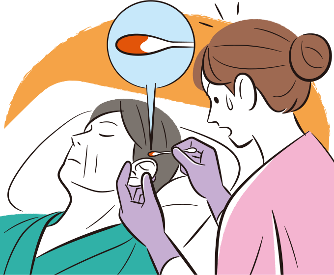 綿棒で患者さんの耳垢を除去していたら出血してしまい、焦っている看護師のイラスト