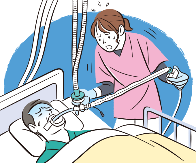 患者の体位変換後に痰による気道の閉塞が起こり、SpO2が低下してしまい焦っている看護師のイラスト