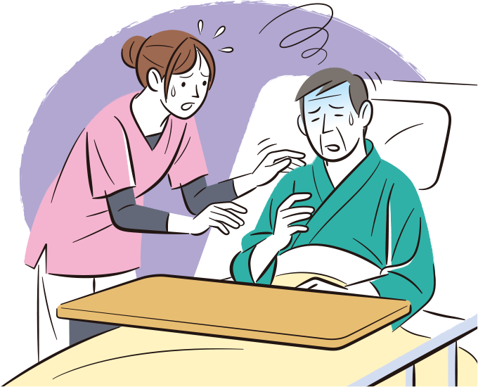 心不全の患者を頭側挙上したら、血圧が低下し患者が苦しそうにしていて、その様子に焦っている看護師のイラスト