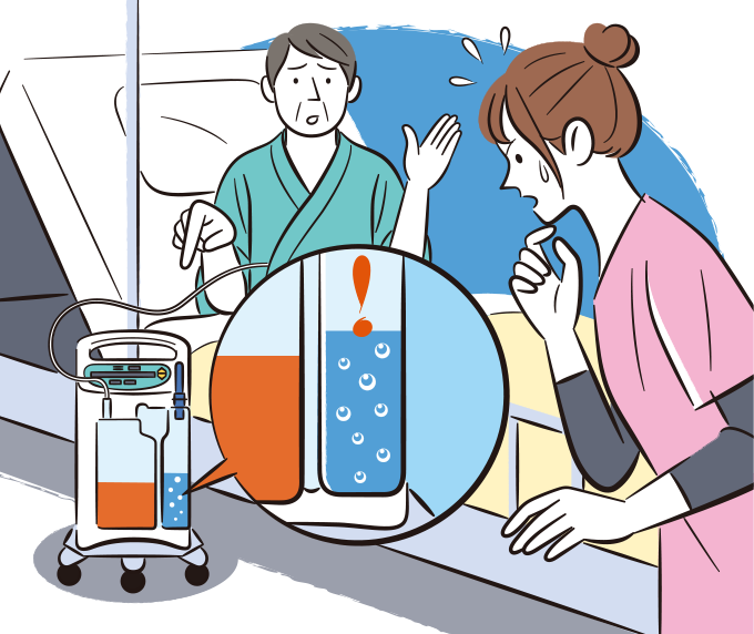 患者の胸腔ドレーンから、エアリークが急に発生し、その様子に焦っている看護師のイラスト
