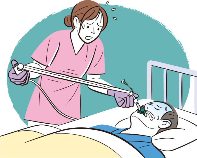 痰が取れず、吸引圧を上げたらSpO2が低下して、患者が苦しそうにしていて、その様子に焦っている看護師のイラスト