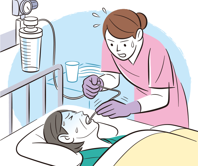 患者さんのSpO2が低下したので吸引したが、数値が上昇せず、その様子に焦っている看護師のイラスト