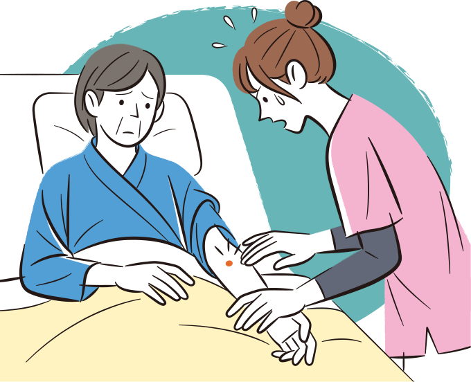 抗凝固薬を内服している患者の末梢ラインを抜去した際に血腫ができていて、その様子に焦っている看護師のイラスト