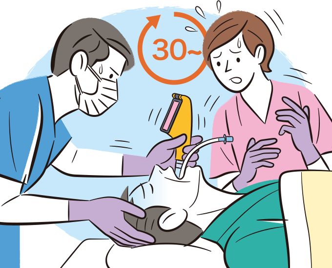 患者が気管挿管困難であることはわかっていたが、挿管に30分以上かかってしまい、その様子に焦っている医療スタッフたちのイラスト